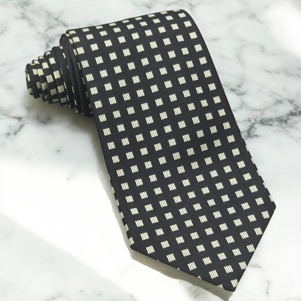 Vintage Polo Ralph Lauren Mens Tie Black w/ White Squares Geometric Pattern Silk